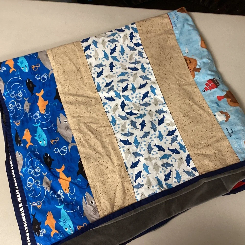 Kids Shark Pirate FishQuilt Blanket Blue Red Multi Beach Ocean Theme 44‎ x 40